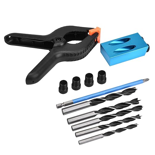 34Pcs Wood Woodwork Guides Joint Angle Tool Carpentry Locator,Pocket Hole Jig 15° Woodworking Inclined Hole Fixture 6/7/8/9/10mm Drill Bits Dowel Screw Drill Jig Joinery Kit Carpenters