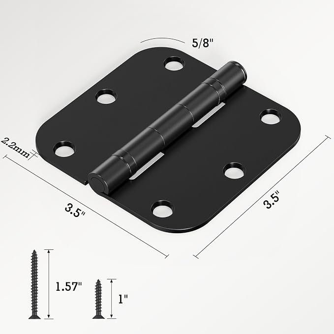 18 Pack Ball Bearing Round Matte Black Door Hinges 3.5 Inch 5/8" Radius Anti Squeak Interior 3-1/2"Flat Bifold Standard Bedroom Indoor for Doors 3 ½" Hardware Essentials House Home Decor Accessories