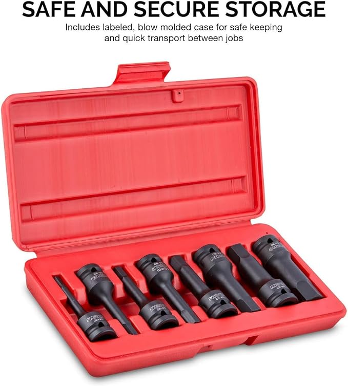 NEIKO 01137B 1/2-Inch-Drive Allen Socket Set, 3-Inch Length, 1/2-Inch Impact Hex-Bit Socket Set, SAE Hex Driver 1/4" to 3/4", CrMo Steel, Impact-Grade, 8-Piece Set