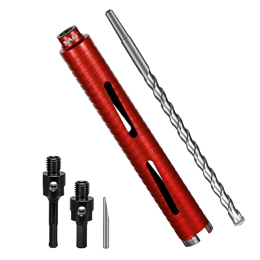SALI Diamond Core Drill Bits 1 1/2" Diameter 10"/254mm Drilling Depth 5/8-11" Thread Core Bit Turbo Laser-Welded Segments for Cured Concrete with Brick Block Masonry with Two Adapters（Red）
