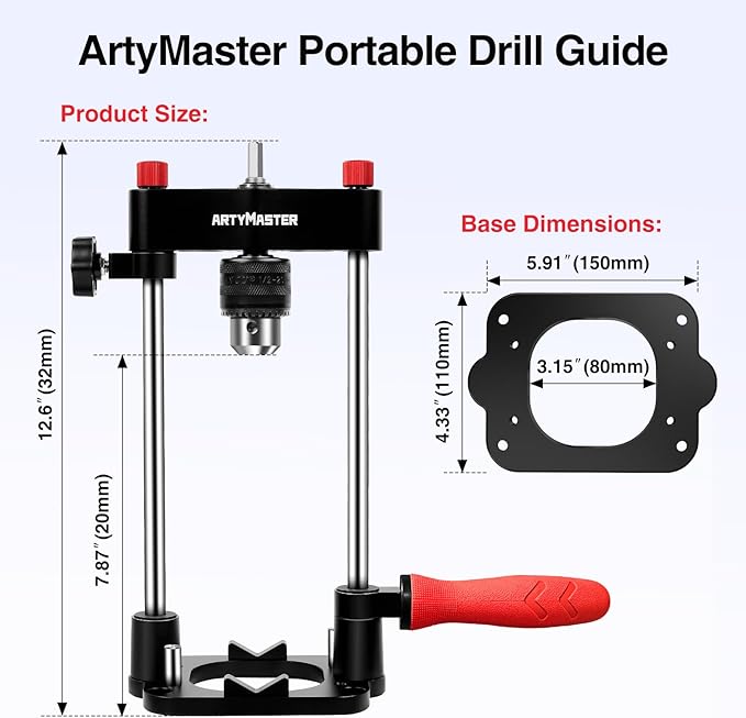 ArtyMaster Portable Drill Guide for Straight Holes – Precision Drilling Jig with Chuck Key, Drill Guide Attachment, Portable Drill Press Adapter for Woodworking, WT116A