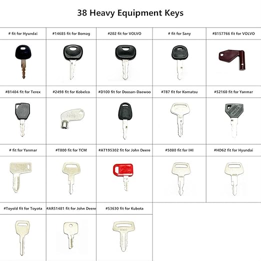38PCS Heavy Construction Equipment Keys Set,Machinery Operator Ignition Keys Compatible with Volvo John Deere CAT JCB Case Genie Bobcat Hyster Komatsu Kobelco Kubota Hitachi