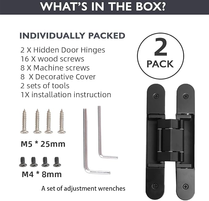 2-Pack 7 inch Black Hidden Door Hinges Heavy Duty, Zinc Alloy Invisible Hinges, Concealed 180 Degree Swing Hinge, 3 Way Adjustable Butt Hinge