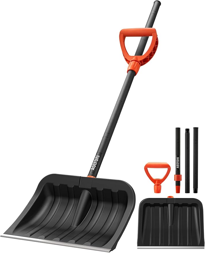 AstroAI 62" Heavy-Duty Snow Shovel for Driveway with Adjustable Ergonomic D-Shape Handle, 17-Inch Wide Snow Shovel for Car with Stainless Steel Blade, Easily Remove Heavy Snow from Driveway, Yard
