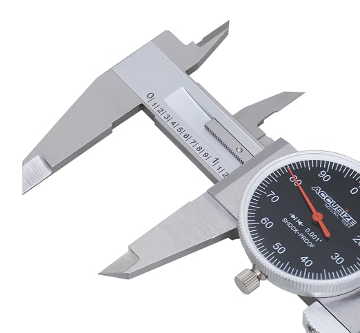 Accusize Industrial Tools 0-6" x 0.001" (Range x Resolution) Dial Caliper, Black Face Red Needle, Stainless Steel in Fitted Box, P920-B216 | 0-6" Range, 0.001" Resolution, Stainless Steel, Satin Chrome Finish, Covered Rack, P920-B216
