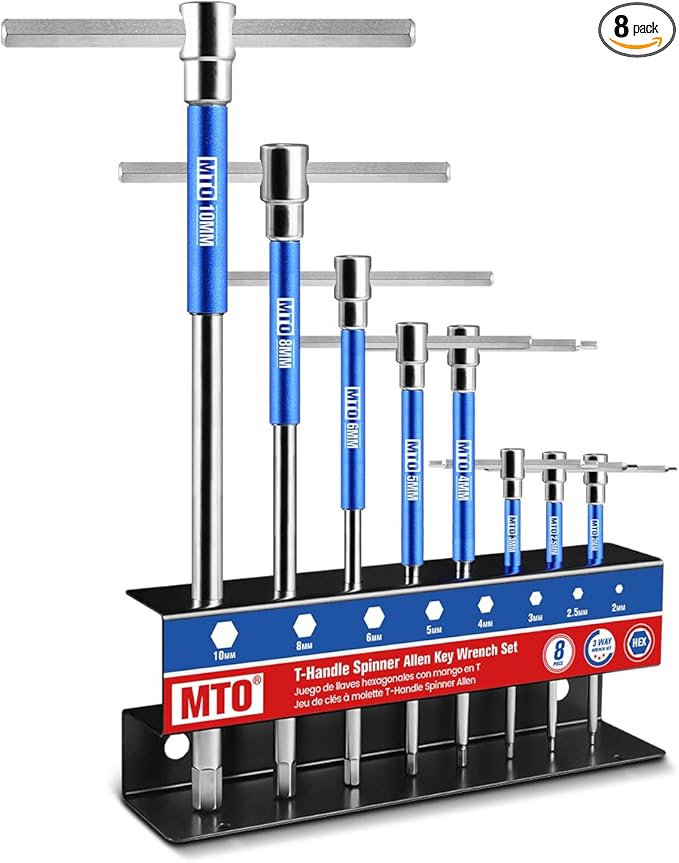 MTO Metric T-Handle Spinner Allen Key Wrench Set, 8-Piece 2-10mm, 3-Way Sliding Handle & Spinning Sleeve, CR-V Steel Hex Wrench with Storage Rack for Motorcycle, Car, DIY