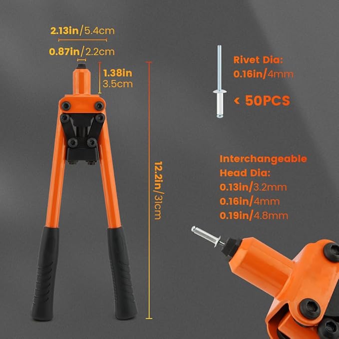 HONUTIGE Rivet Gun Kit, Professional Hand Riveter Heavy Duty Metal Rivet Gun Tool Manual Rivet Tool One-Handed Rivet Gun with 50 Rivets for DIY/Automotive Repairs/Furniture