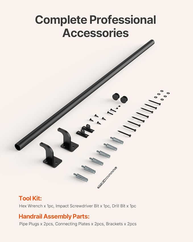 VEVOR Wall Mounted Stair Handrail, 4ft Pipe Staircase Handrail, Black Galvanized Aluminum, 1.26 inch Pipe Diameter, Indoor&Outdoor Staircase Railing,Industrial Hand Rail for Steps,Security Baluster