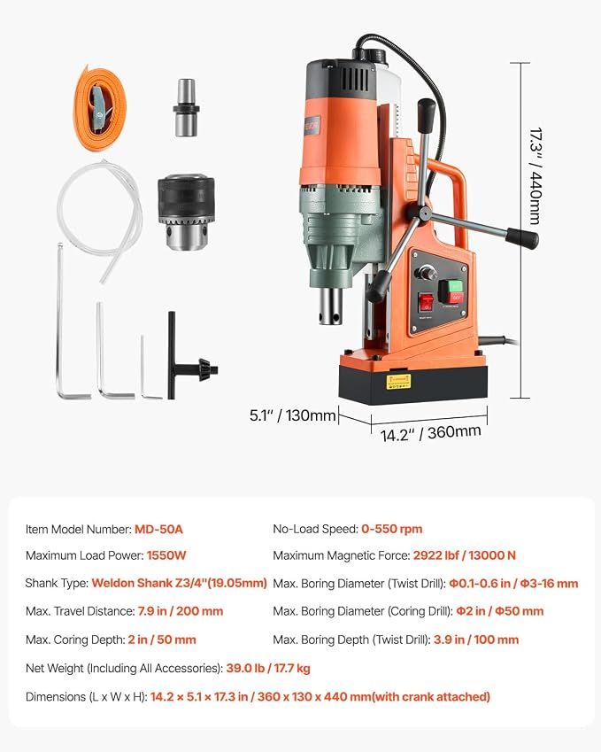 VEVOR 1550W Mag Drill Press, 2" Core Drilling Machine, 2922 lbf 0-550 RPM Variable Speed Portable Magnetic Drill, Heavy Duty Metal Hole Cutter for I-Beam Steel Fabrication, Workshop & DIY Work