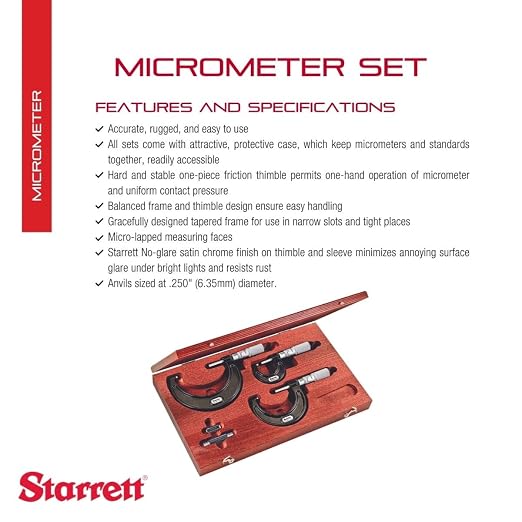 Starrett Outside Micrometer Set with One-Piece Friction Thimble, Satin Chrome Finish and Tapered Frame - Quick and Easy Adjustment, 0-3" Range, .0001" Graduations - ST436.1AXFLZ