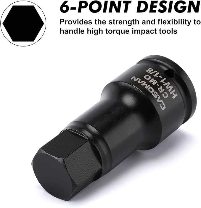 CASOMAN 3/4 Inch Drive Impact Hex Driver Set, 5-Pieces, SAE, 3/4", 7/8", 1", 1-1/8", 1-1/4", 3/4" Drive Master Impact Hex Bit Set, CR-MO, Impact Grade, One-Piece Construction