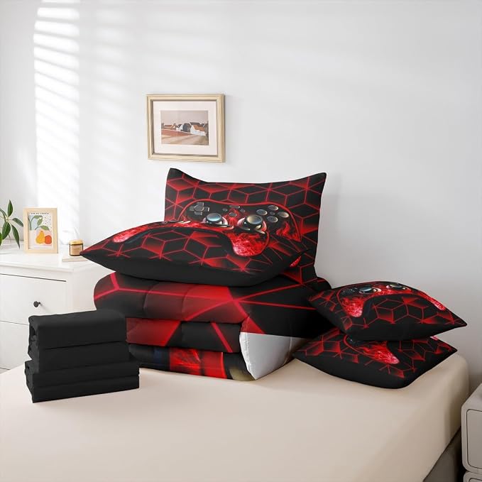 Gaming Consoles Comforter Set 7 Piece Bed in a Bag Twin,Neon Geometric Boys Bedding Set,3D Geometric Gamer Comforter and Sheet Set Red Flame Bed Set,Gamer Decor for Boys Bedroom Gamer Gifts