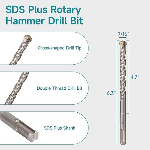 7/16 Inch x 6.3 Inch SDS Plus Rotary Hammer Drill Bit, Cross Tip Double Threaded Carbide Tipped for Concrete, Brick, and Stone (7/16" x 4.7" x 6.3")