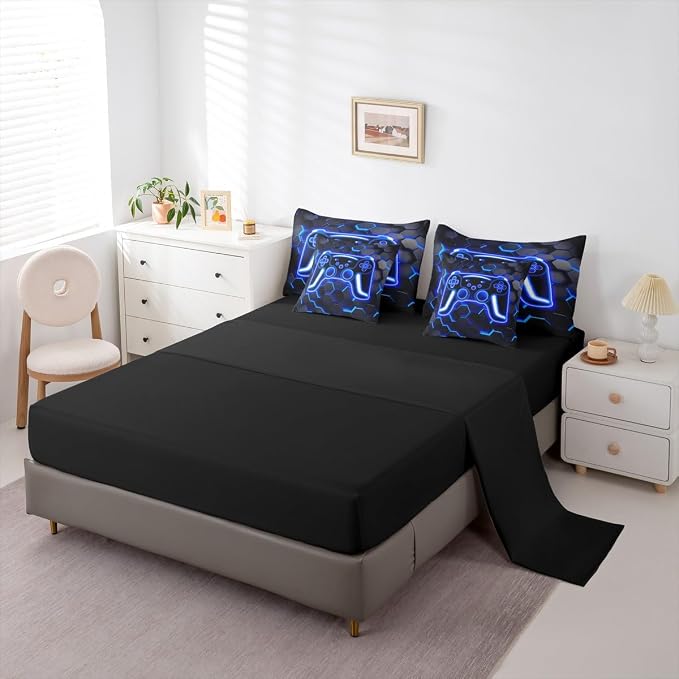 Erosebridal Gaming Full Size Bed Sheets and Comforter Set, Neon Honeycomb Gamer 7 Piece Bedding Set Retro Game Console Bed in a Bag, Blue Hexagon Lights Room Decor,Gamer Room Decor for Boys