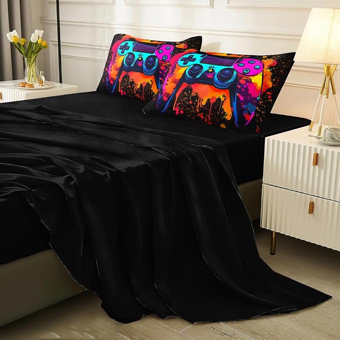 5 Pieces Gaming Comforter Sets for Boys,Kids Bedding Sets, Colorful Gamepad Controller,Gaming Bedding Set,Modern Gaming Boys Room Decor(Full, Red)