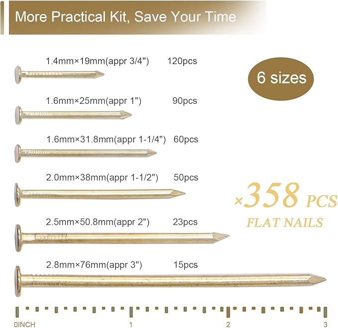 6 Sizes Gold Hardware Nails Assortment Kit, 358pcs, Brass Plated, Nails for Hanging Pictures, Finishing Nails, Wood Nails, Wall Nails for Hanging (3”, 2”, 1-1/2”, 1-1/4", 1”, 3/4")