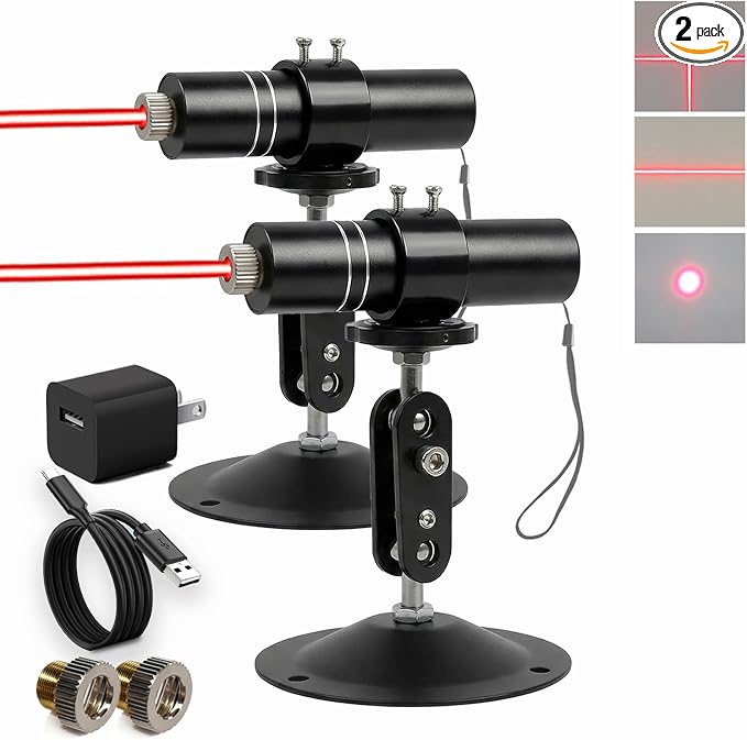 2pack Three-Head Red Laser Level with 2M Charger | 520nm Cross/Linear Laser Generator | Rechargeable Alignment Tool for Woodworking, Construction & Fabric Cutting (Base & AC/DC Adapter),Red