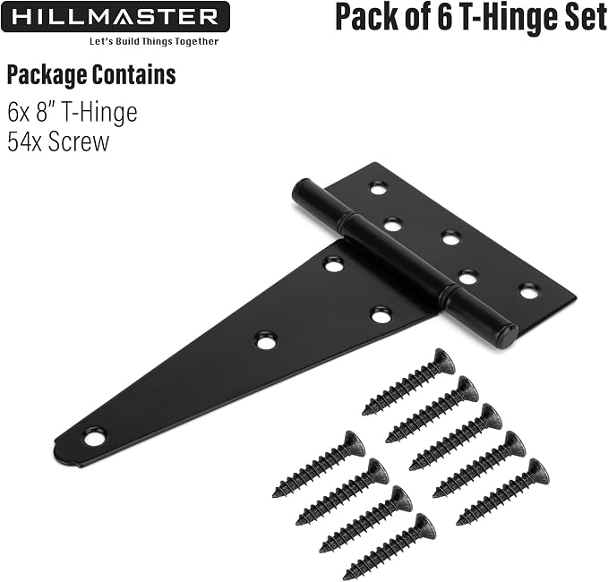 HILLMASTER 8 Inch T-Strap Heavy Duty Shed Door Hinges Gate Strap Hinges Black Tee Hinge Wrought Hardware for Wooden Fences,Yard,Barn Door,Rustproof (6 Pack)