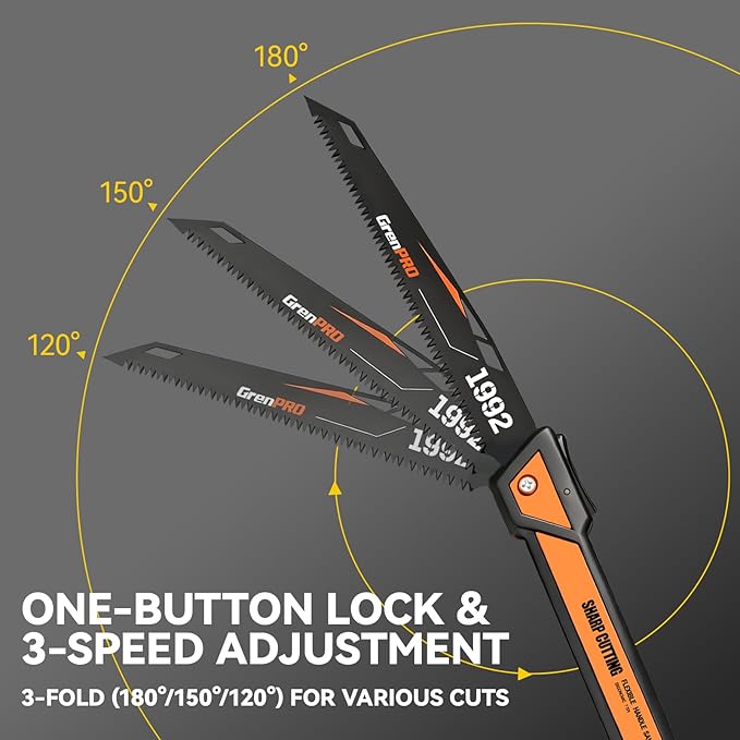 GRENPRO Folding Pruning Saw 10 Inch, SK5 Steel Blade 7 Inch, Triple-Ground 7TPI Teeth, 3-Angle Lock Non-Slip Handle, Portable Hand Saw for Tree Trimming, Camping, Gardening, Landscaping