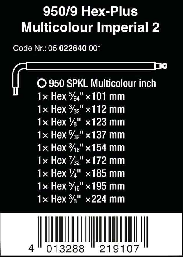 Wera 05022640001 950/9 HEX-PLUS MULTICOLOUR IMPERIAL 2 L-KEY SET, IMPERIAL, BLACKLASER, 9 PIECES