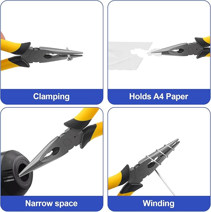 8-Inch Premium Needle-Nose Pliers, Wiojided High-Carbon Steel Precision Long Nose Pliers with Wire Cutter, Anti-Slip Soft Grip, Paper Clamp Design for Home, Jewelry, Crafts, Fishing, Narrow Spaces