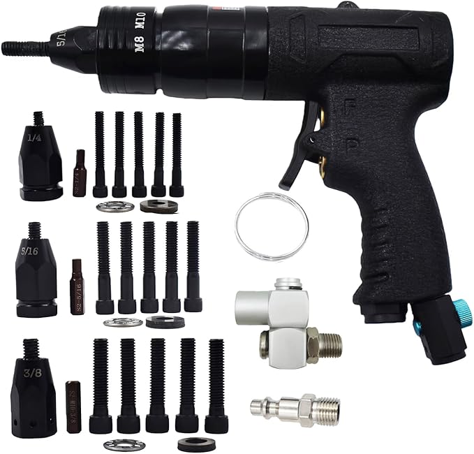 Pneumatic Rivet Nut Gun Air Rivet Nut Pull Setter Riveting Fastening Tool 1/4 5/16 3/8 Riveting Mandrels Quick Change Locking Nozzle Bolts Adapter Drill For Air Rivet Nut Insert Installation Tool