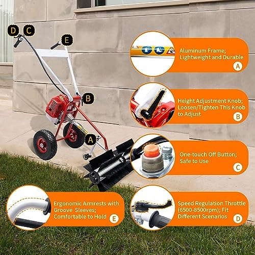 Gas Powered Power Broom 43CC 1.7HP, Walk Behind Sweeper Brush 2-Stroke Engine, Nylon Rolling Brush Lawn Sweeper Cleaner, Portable Turf Sweeper for Artificial Grass, Gravel, Snow, Yard Cleaning