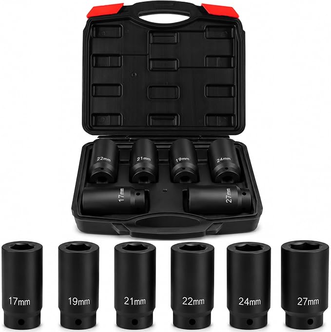 1/2" Drive Weighted Crank Bolt Socket Set, 17MM, 19MM, 21MM, 22MM, 24MM 27MM, Harmonic Balancer Socket Set, Weighted Deep Impact Socket Set, 3 Times Momentum Power of Standard Impact Socket