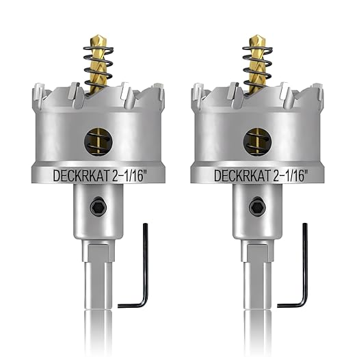 DECKRKAT 2-Pack 2-1/16" TCT Hole Saws for Hard Metal, Heavy Duty 52mm Tungsten Carbide Tipped Hole Cutters Set with Spring-Loaded Pilot Drill Bits for Stainless Steel, Metal, Iron, and Plastic.