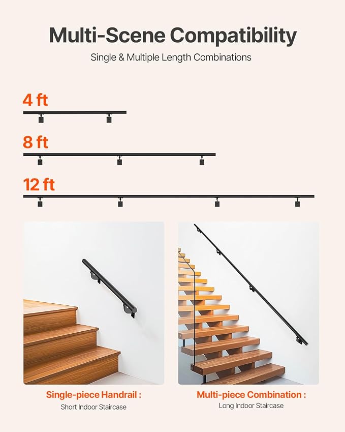 VEVOR Wall Mounted Stair Handrail, 12ft Pipe Staircase Handrail, Black Galvanized Aluminum, 1.26 inch Pipe Diameter, Indoor&Outdoor Staircase Railing,Industrial Hand Rail for Steps,Security Baluster