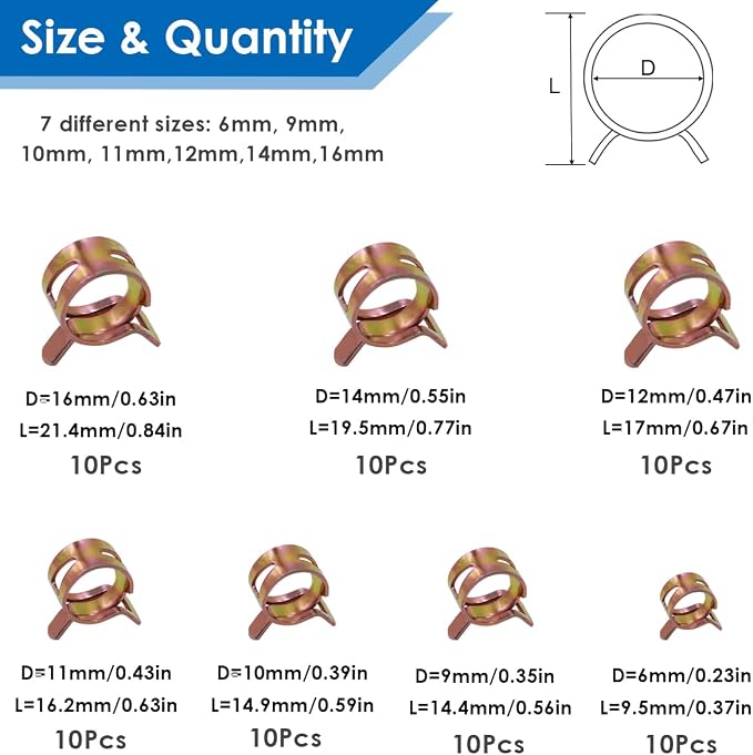 Tnisesm 70 Pcs Spring Band Type Action Pipe Clamp, Air Hose Tube Water Pipe Fuel Pipe Silicone Vacuum Hose Clamp Fasteners Assortment Kit(6mm, 9mm, 10mm, 11mm, 12mm, 14mm, 16mm) TN-23