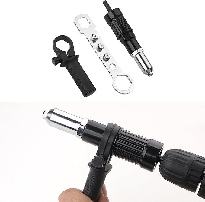 Pop Rivet Gun Adapter Kit, Rivet Drill Attachment with 4 Rivets Heads 2.4mm/3.2mm/4.0mm/4.8mm, Cordless Rivet Gun Power Drill Adaptor Kit, Cordless Electric Drill Riveter Insert Nut Tool