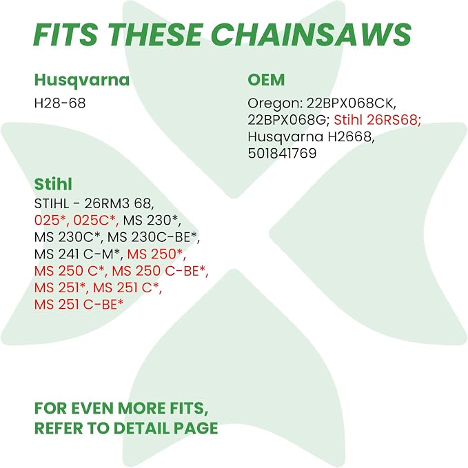 BYANE 18-Inch Carbide Chainsaw Chain .325" Pitch .063" Gauge 68 Drive Links | Fits Stihl MS250, MS251, MS230, and 025 (Replacement for Stihl 26RS68)