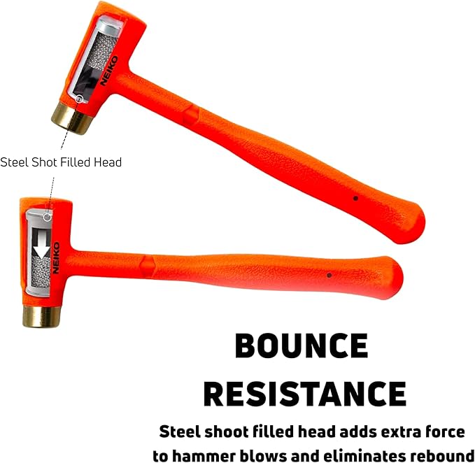 NEIKO 02870A Dead Blow Hammer With Brass Cap, 0.75 Pounds, Neon Orange Deadblow Hammers, Mallet, Spark and Rebound Resistant, Unibody Molded, Soft Blow Rubber, Non Slip Grip, Steel Shot and Core