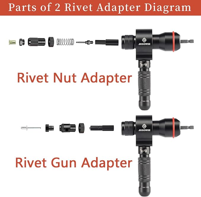2-in-1 Design Cordless Rivet Gun Adapter and Rivet Nut Adapter,Electric Drill Tools Accessory Kit with Carry Case,7 Metric Mandrels M3 to M12, 6 Rivet Heads 2.4mm to 6.4mm