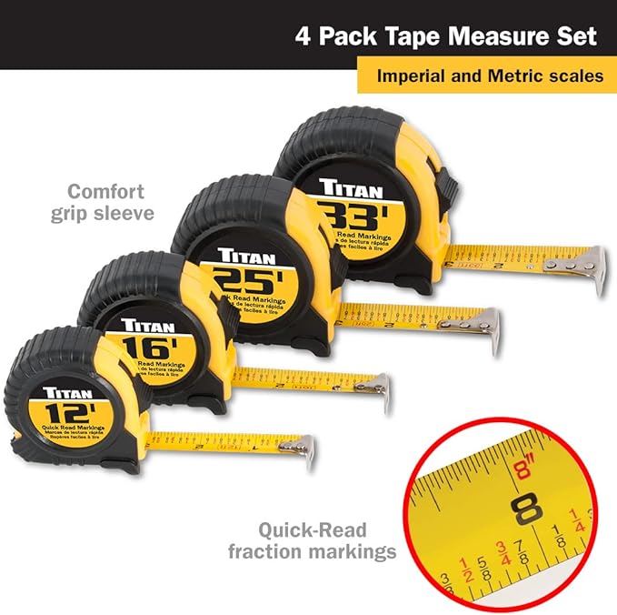 Titan 10902 Tape Measure with Easy-Read Standard Markings and Durable Case, 4-Piece Set, 12-Foot, 16-Foot, 25-Foot and 33-Foot