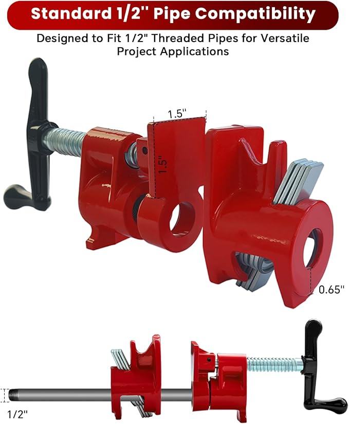 ATPEAM 1/2'' Wood Gluing Pipe Clamp Set 6 Pack Heavy Duty Cast Iron Quick Release Pipe Clamps for Woodworking (6, 1/2")
