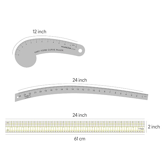 KEARING Fashion Designer's Ruler Kit, French Curve Ruler for Pattern Making, Light Aviation Aluminum Hip Curve Ruler, L-Square Ruler, Vary Form Curve Ruler for Pattern Making Sewing,Quilting