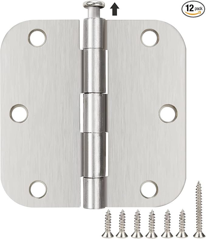 12 Pack Interior 3.5" Brushed Nickel Door Hinges for Doors 3 1/2 Inch Rounded 5/8" Noise Free Residential Standard Hinge for Study Spare/Play/Lounge/Bed Room,Walk-in Closet,DIY Table,Celler,Balcony