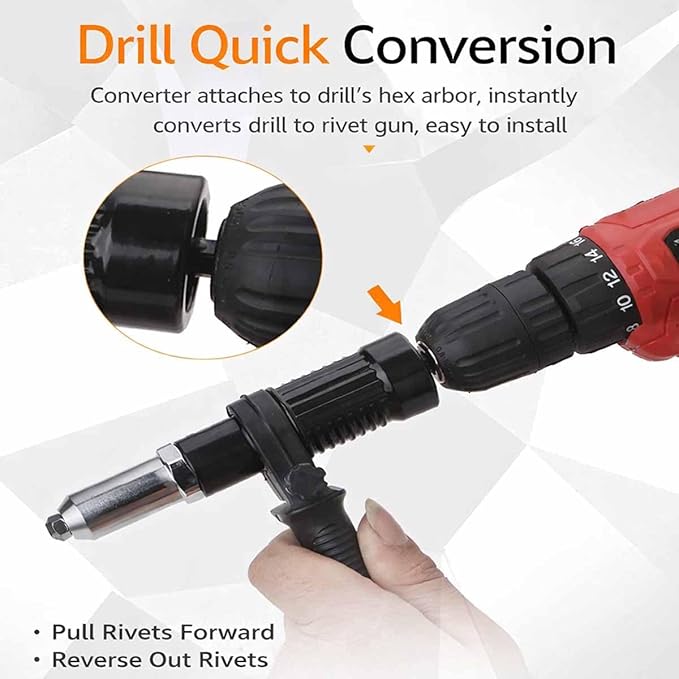 Professional Electric Rivet Nut Gun Drill Adapter Kit,Electric Cordless Rivet Gun Adapter with Removable Plastic Handle, 4 Rivet Heads,Alloy Steel Riveting Tool for Metal & Aluminum Work (1PC)
