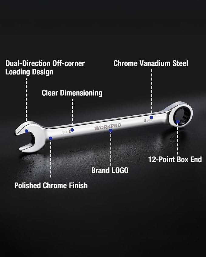 WORKPRO 9/16" Ratcheting Combination Wrench, Mirror Polish Chrome Plating | Premium CR-V Steel, 72-Teeth, 12 Point Design, SAE, For Home Projects, Motorcycle Repair, Garage Work, Plumbing, Machinery