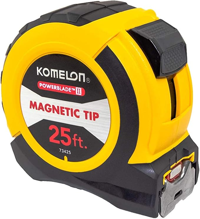 Komelon 25' x 1.06" Magnetic Powerblade II Tape Measure, Black/Yellow, 73425