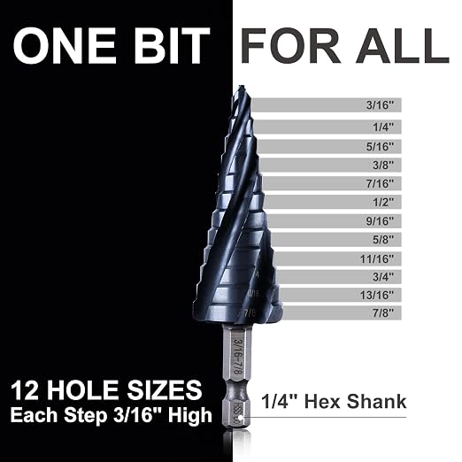 GRENPRO Step Drill Bit for Metal, 3/16" - 7/8" Four Spiral Flute Cobalt 12 Step Drill Bits, 1/4" Hex Shank Step Bit for Stainless Steel, Plastic, Copper, Aluminum, Wood, PVC, Hardened Steel
