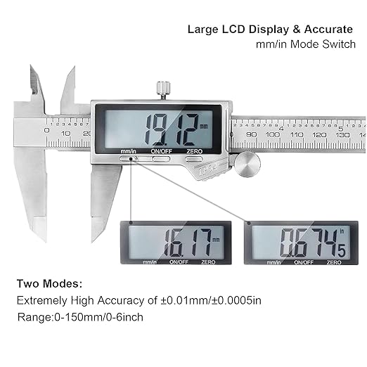Digital Caliper Measuring Tool, IP54 Waterproof Stainless Steel Vernier Caliper Digital Micrometer with Large LCD Screen, Easy Switch from Inch Metric, 6 Inch Caliper Tool for DIY/Household