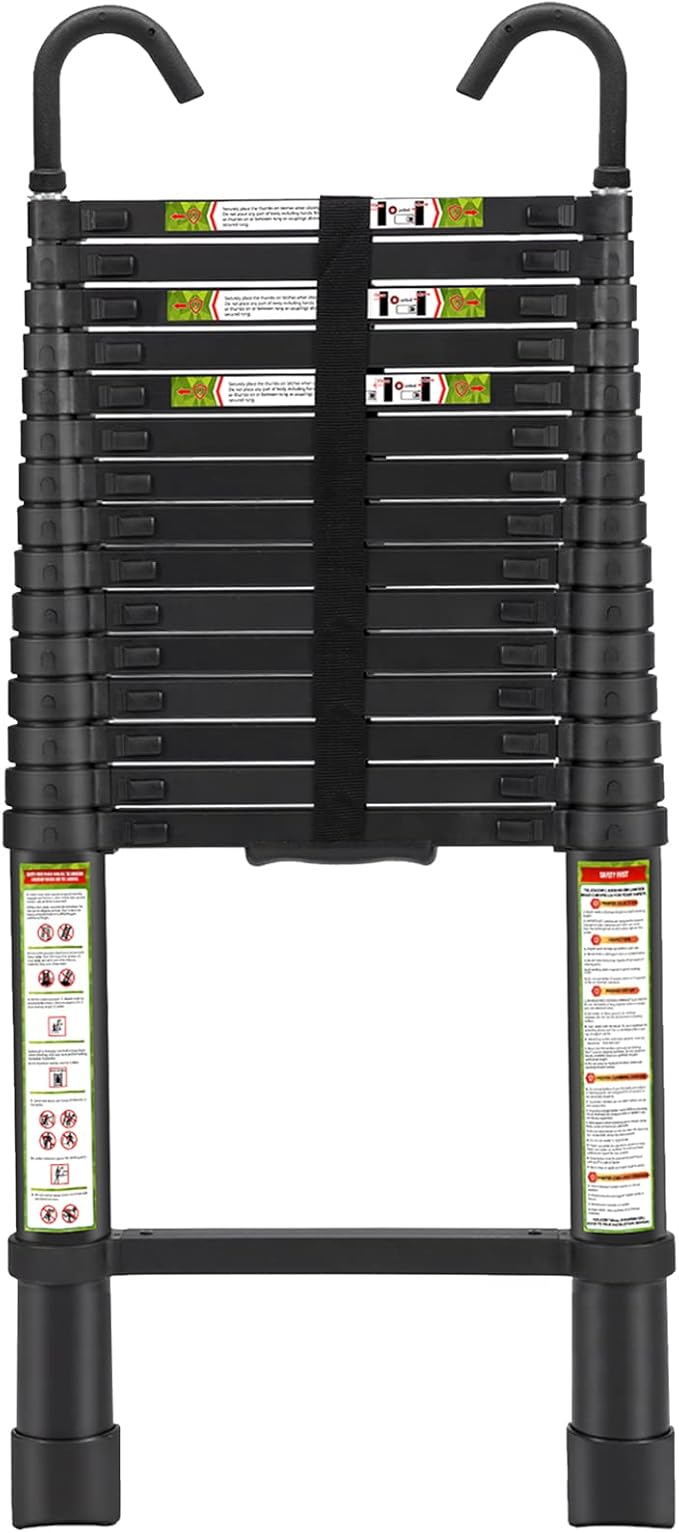 RIKADE Telescopic Ladder, 20.3 ft Aluminum Telescoping Ladder with Stable Hook and Non-Slip Feet, Portable Extension Ladder for Household and Outdoor Working, Max Load 330 lb, Black