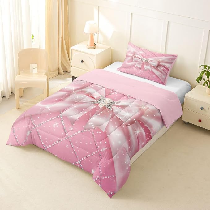Feelyou Pink Bowknot Comforter Set Toddler Size Glitter Bow Bedding Set for Kids Boys Girls Dreamy Princess Duvet Quilt Bedroom Decor Microfiber 2 Pcs with 1 Pillow Cases