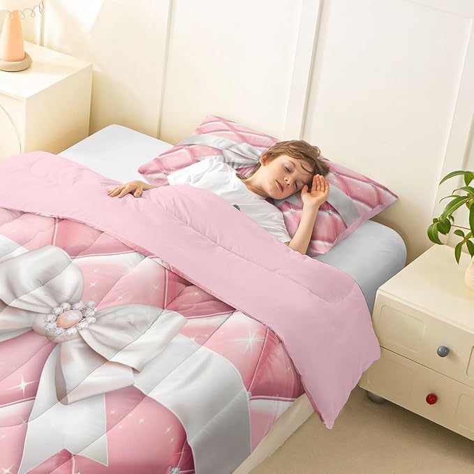 Feelyou Bow Comforter Set Toddler Size Glitter Bowknot Bedding Set for Kids Boys Girls Princess Duvet Quilt Bedroom Decor Microfiber 2 Pcs with 1 Pillow Cases