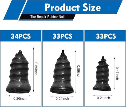 101 PCS Tire Repair Rubber Nail, 3 Size Vacuum Tire Repair Kits Spiral Rubber Screws, Fast Self-Service Tool for Car, Truck, Motorcycle, Tractor Tire Puncture Repair (Black)