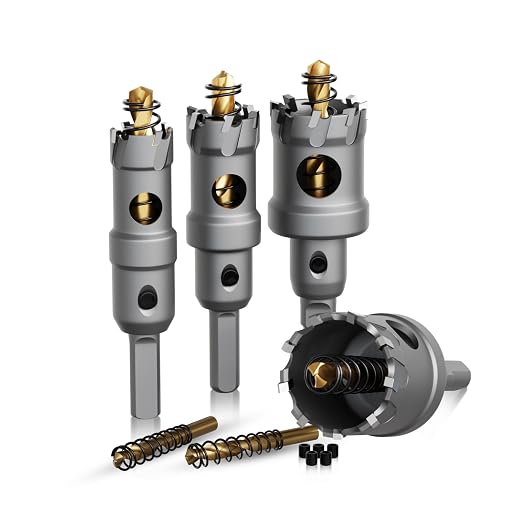 Hole Saw 6 PCS, Hole Saw for Metal, TCT Hole Cutter, 4 Drill Saws with 2* Extra Pilot Center Bits, 2* Springs for Metal, Iron and Stainless Steel