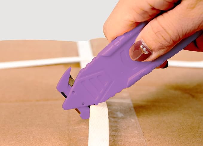 T TOVIA Safety Box Cutter Knife of Recessed Concealed Stainless Steel Blade, Package Opener Plastic Cutter for Box, Carton, Shrink Wrap, Plastic Straps, 10pcs purple